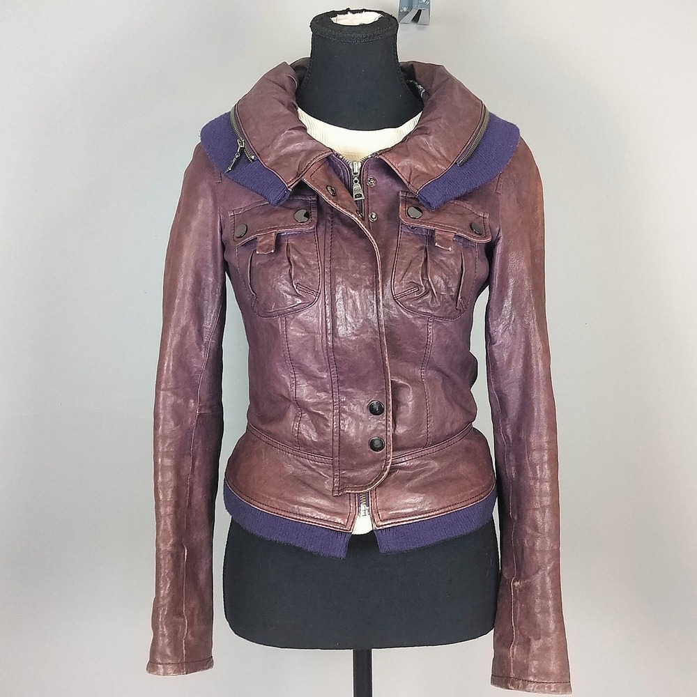 Danier Italian Leather Hooded Bomber Jacket‎ Womens 2XS Purple Ribbed Wool Trim - Picture 3 of 15